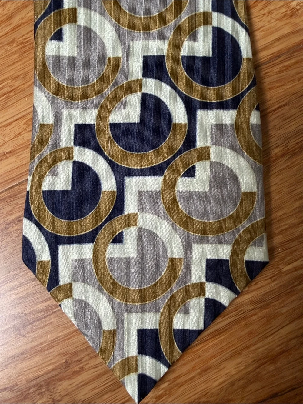 (13t) modules Made in Japan 100% Pure Silk Mod Geo Circle Navy Taupe Vintage